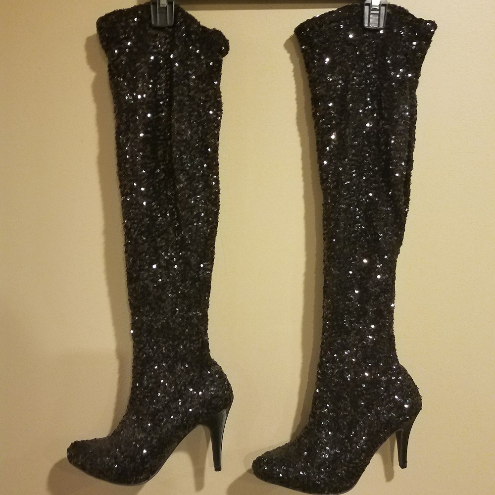 Sequin knee high boots